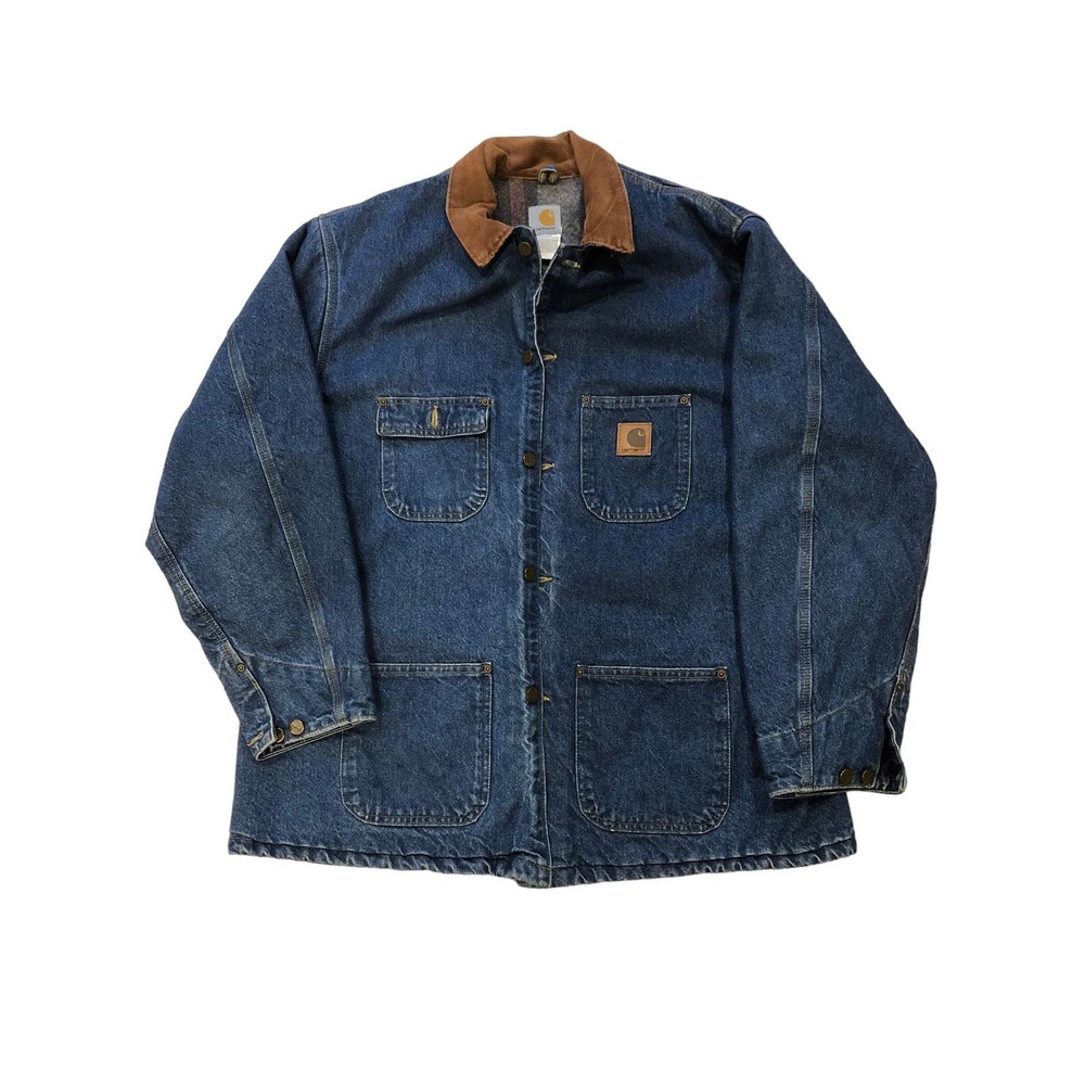 Vtg Carhartt Denim Jean Jacket Chore Coat XL Reg Blanket Lined Button USA C59DST